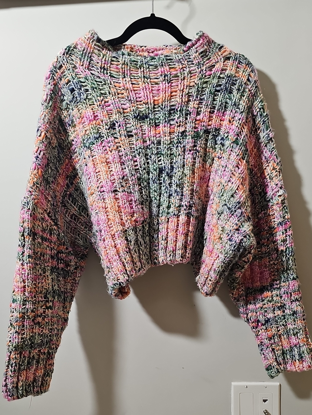 Free People Multicolor Chunky Cropped Crewneck Sweater - Pink, Green, Peach